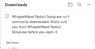 Edge downloads flyout: WhippleWood-Redact-1.1.1.zip is not commonly downloaded yet, so Edge asks you to make sure you trust it.